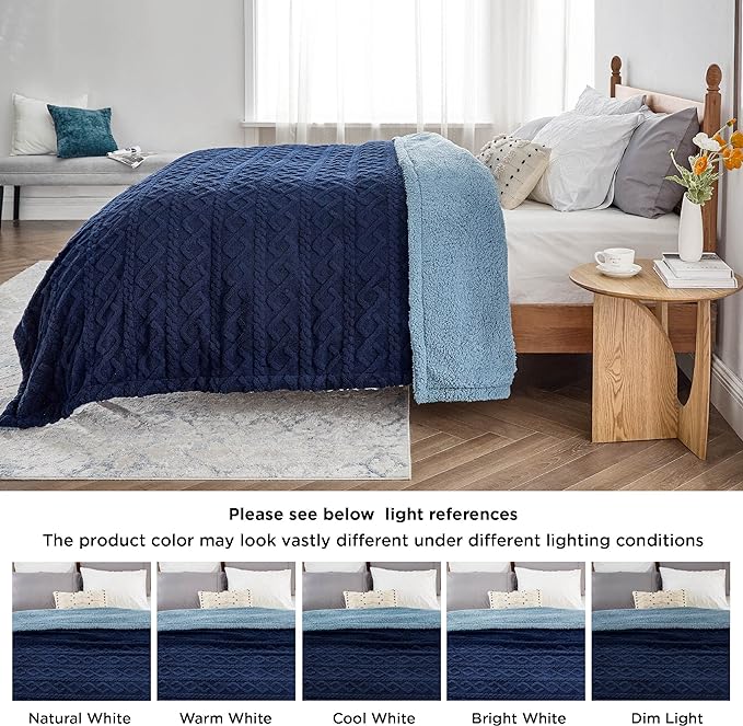Bedsure Sherpa King Size Blanket for Bed- GentleSoft Fleece Fluffy & Cozy Cable Jacquard Tufted for Women Gift, Thick and Warm Blankets for Winter, Navy, 108x90 Inches